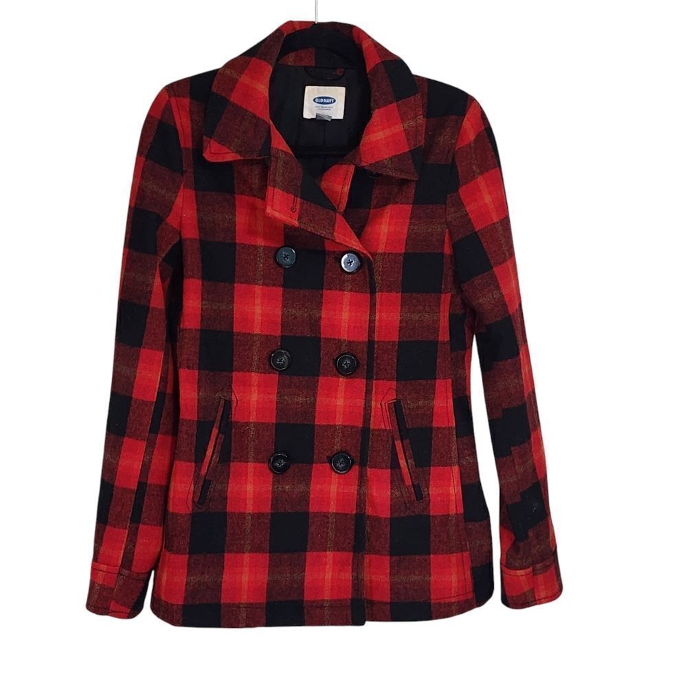 Old Navy Pea coat red & black plaid wool blend Academia preppy grunge S